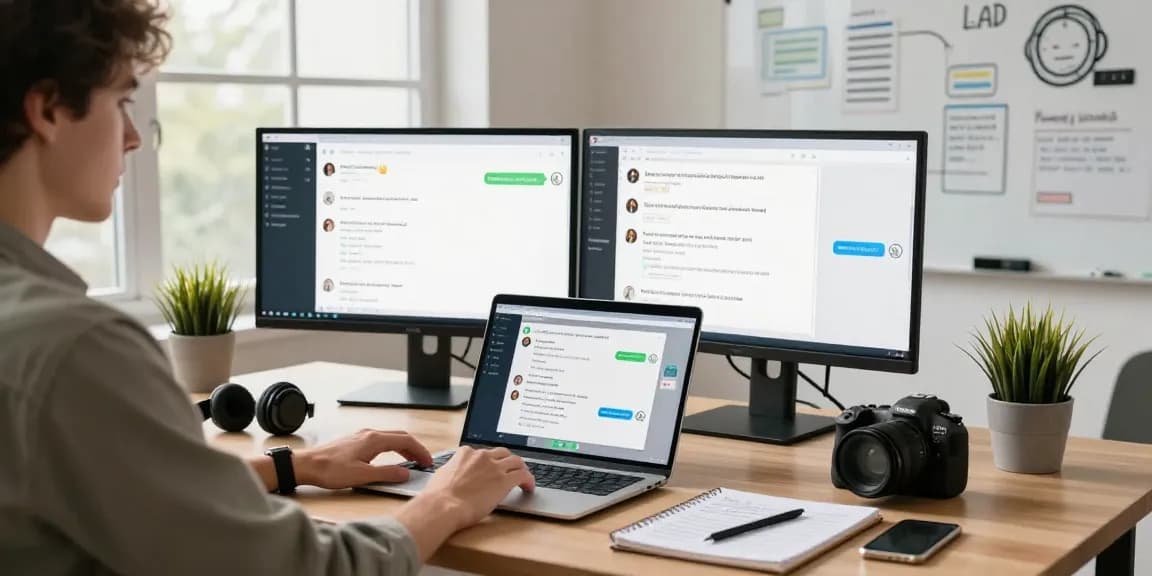 Engaging workspace with WhatsApp網頁版 on laptop and monitors, showcasing technology use