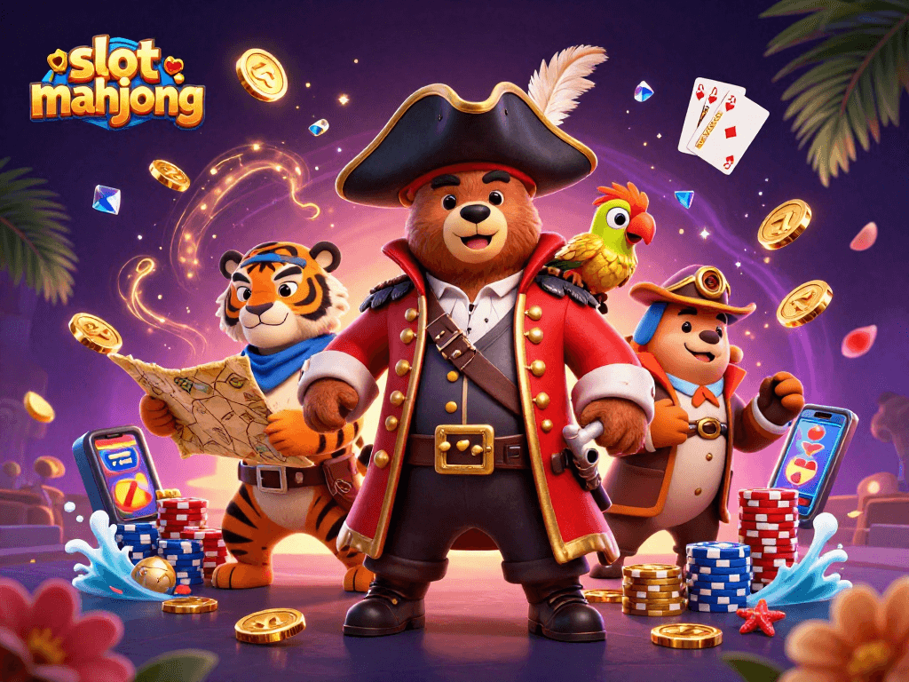 Experience the thrill of slot mahjong with captivating characters and dynamic casino elements in this vibrant illustration.