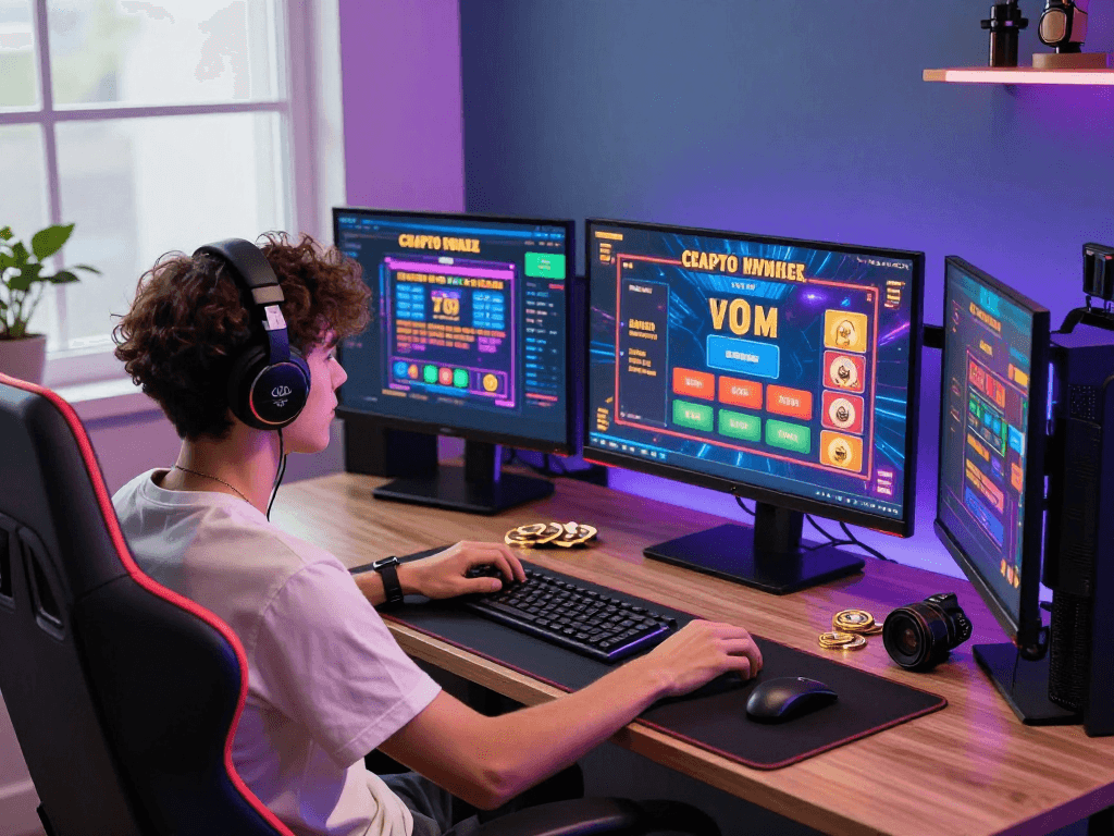Engaging scene of a young adult playing crypto casino games on multiple screens, showcasing vibrant gameplay and crypto accessories.