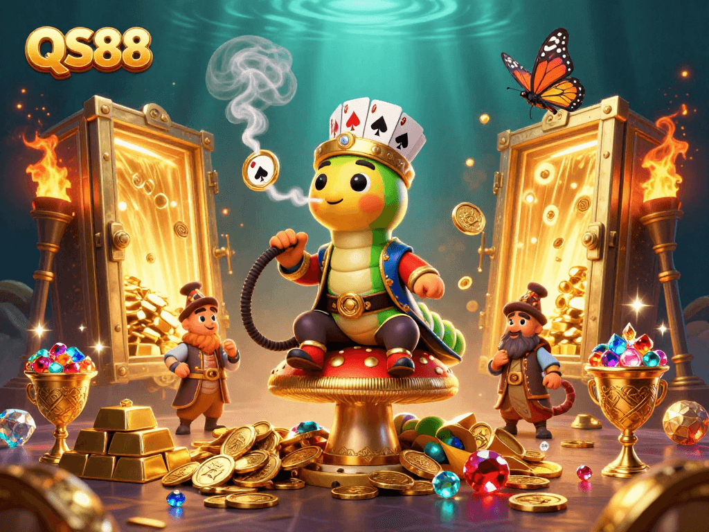 Experience the thrill of QS88 with a vibrant 3D casino scene featuring a whimsical caterpillar and treasure elements.