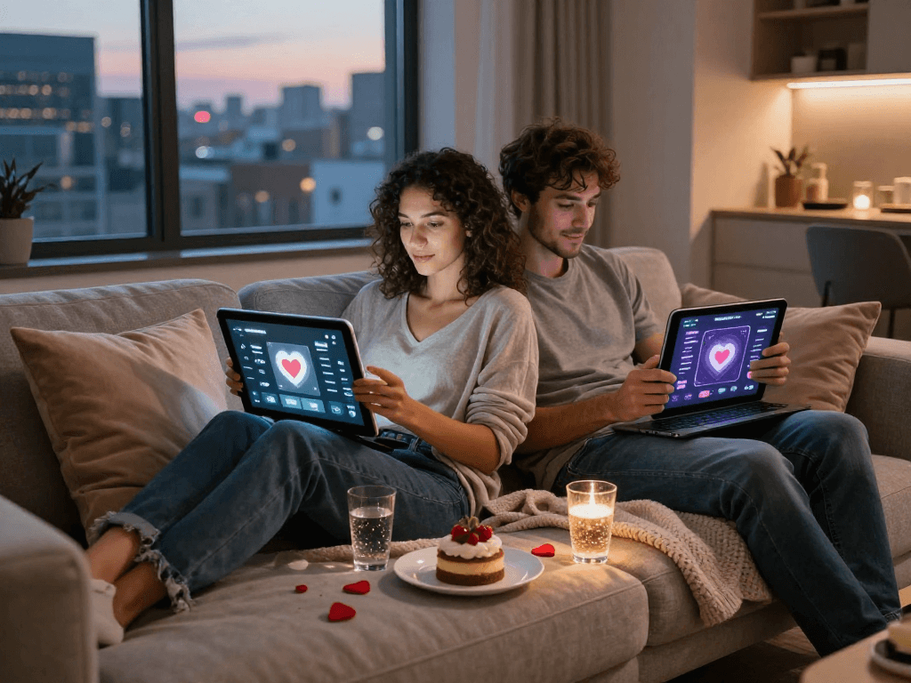 Couple exploring sex ai technology on tablets during virtual dating.
