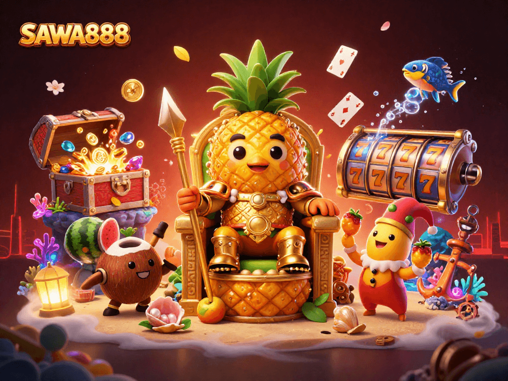 Experience fun with SAWA888 as the golden pineapple king oversees lively slot reels bursting with coins.