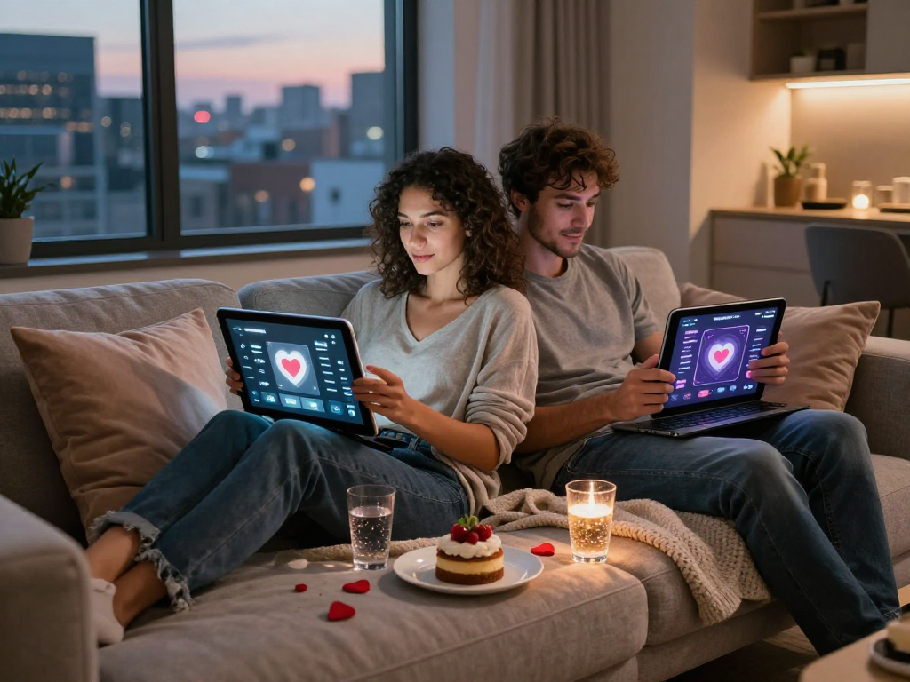 Couple exploring sex ai technology on tablets during virtual dating.