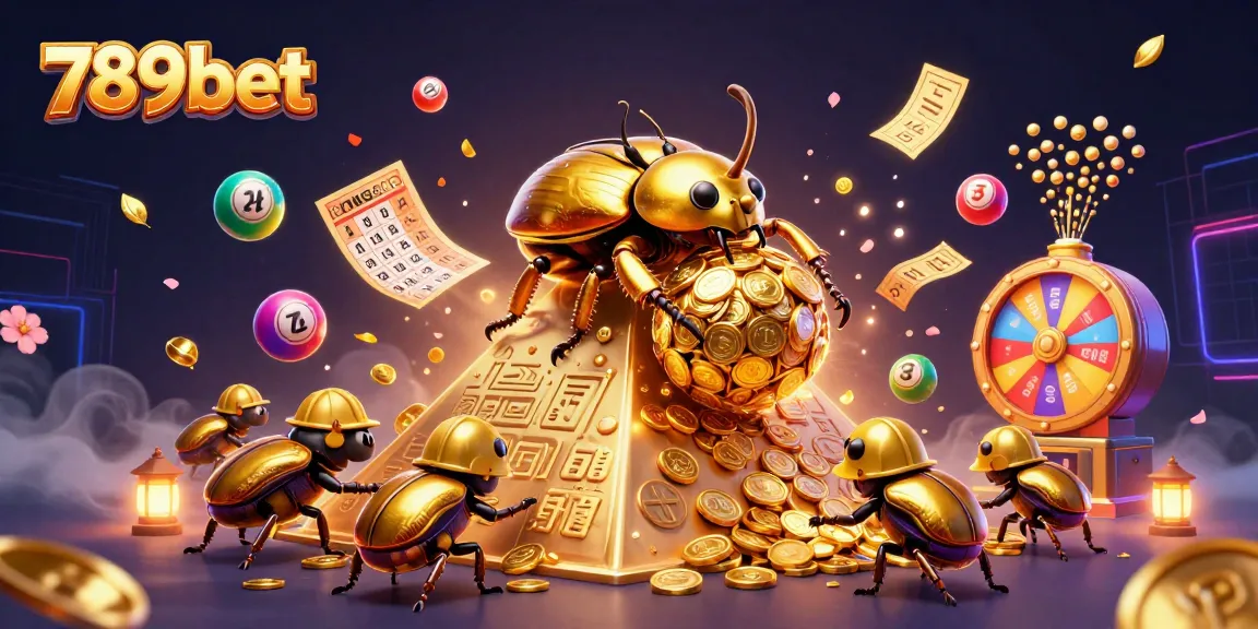 Engage with 789bet's colorful lottery scene featuring a golden beetle and dynamic game elements.