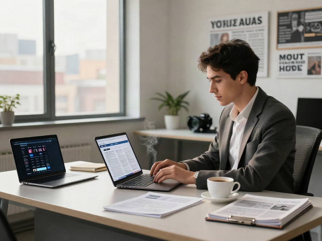 Journalist writing a Yahoo published great article in a modern workspace with a city view.
