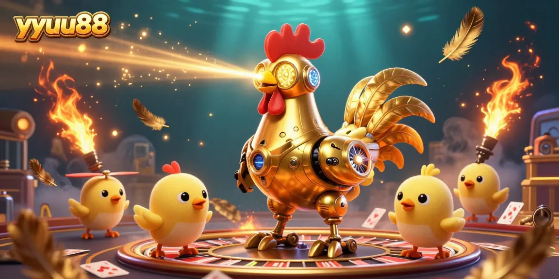 Experience thrilling gaming at yyuu88 with a vibrant illustration featuring golden rooster and baby chick drones in a casino.