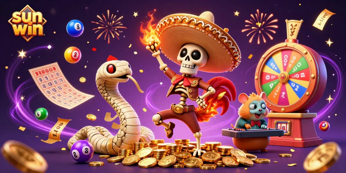 Join the fun with sun win as the mariachi rooster dances amidst gold, lottery balls, and celebration!