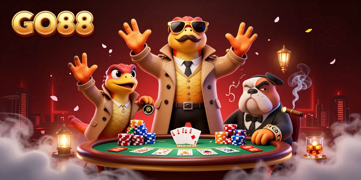 Watch GO88 raptors cleverly try to enter a casino lounge, amidst vibrant poker elements.
