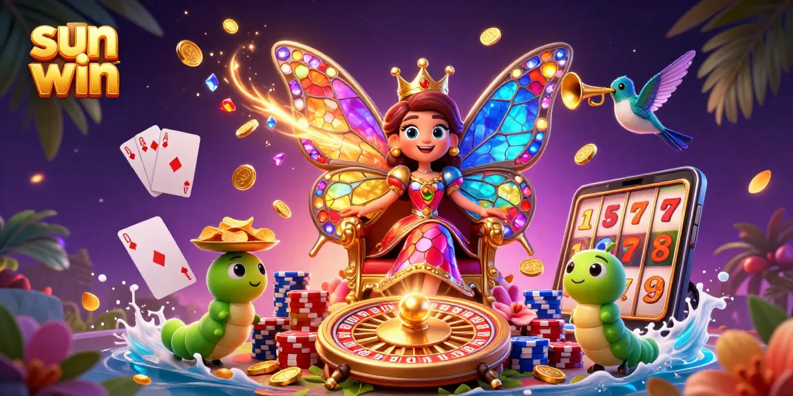 Experience the magic of sun win with a vibrant casino-themed digital art scene featuring animated characters and dynamic gaming elements.