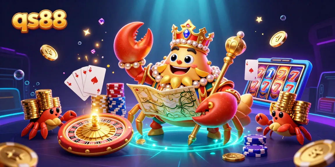 Win big at qs88 with an exciting 3D casino experience featuring a golden crab emperor and vibrant game elements.