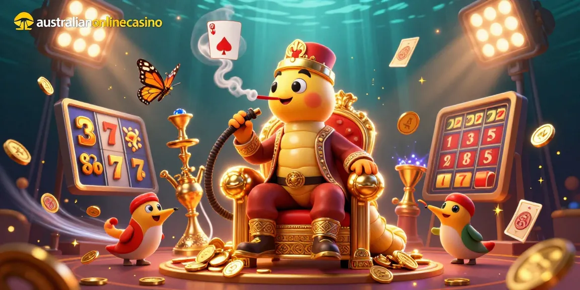 Experience thrilling excitement at australianonlinecasino with a vibrant 3D scene featuring slot symbols and dynamic elements.