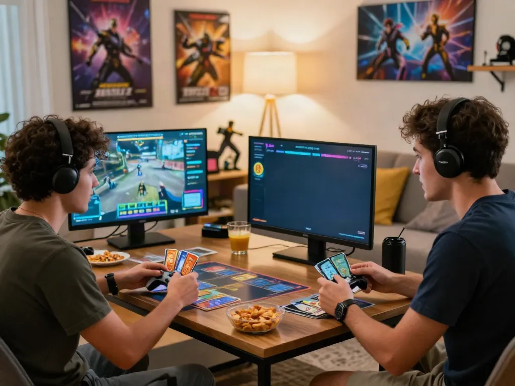 Engaging gaming session at home with friends featuring http://11bet-app.net/ on screen.