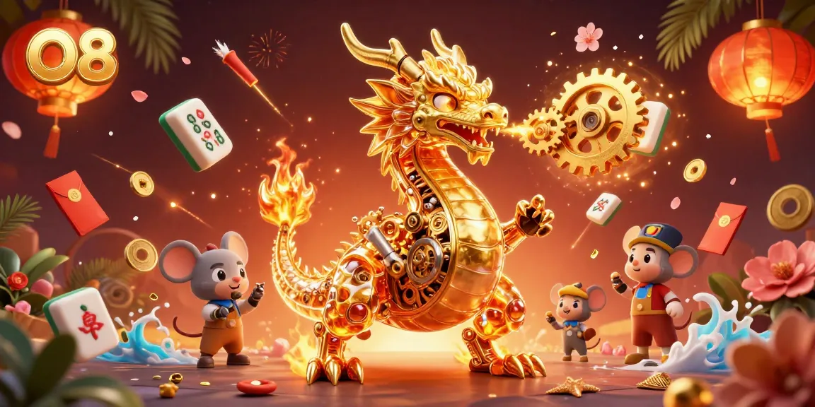 Experience the thrilling action at O8, featuring a golden dragon with gears amidst vibrant casino elements.