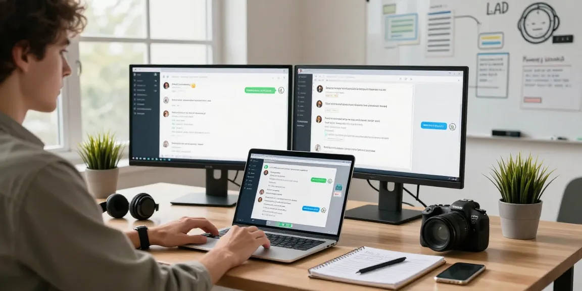 Engaging workspace with WhatsApp網頁版 on laptop and monitors, showcasing technology use