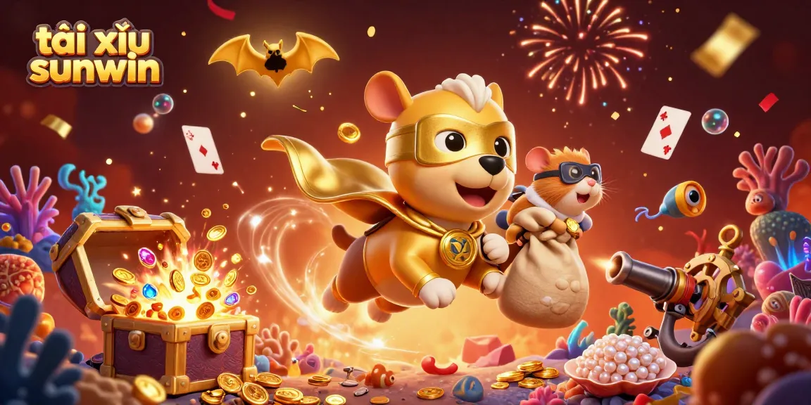 Engage in the thrilling world of tài xỉu sunwin with a superhero dog and hamster amidst vibrant casino elements.