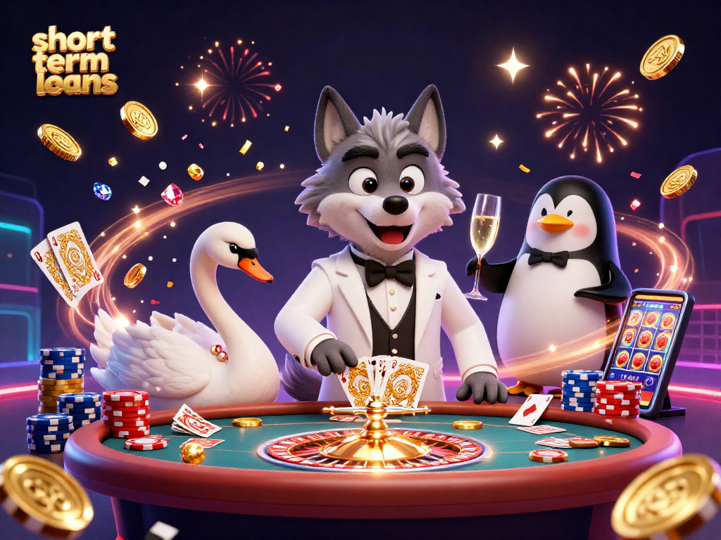 Experience thrilling short term loans in a lively casino scene with charming characters.