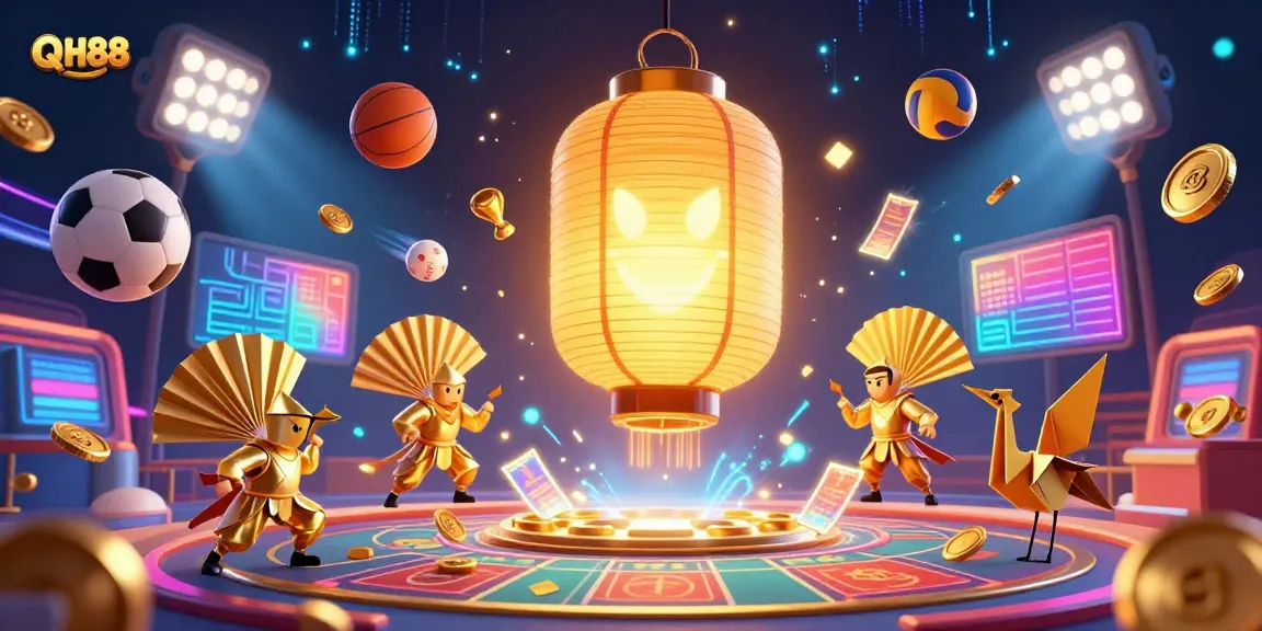 Experience the excitement of QH88 with immersive visuals of a vibrant casino scene and dynamic game elements.