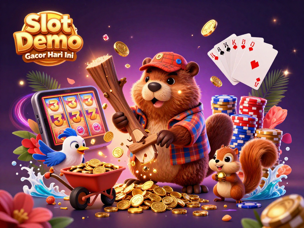 Slot Demo Gacor Hari Ini showcases a vibrant beaver character collecting golden coins amidst casino gaming elements.