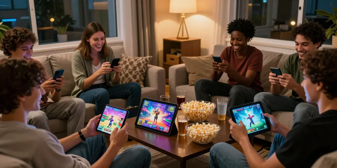 Excited players enjoying mobile porn games in a cozy setting, showcasing vibrant screens and engaging interactions.