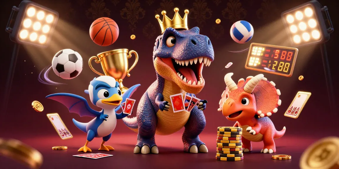 Agen sbobet brings fun as a T-Rex plays cards, with a pterodactyl holding cards and a triceratops stacking chips.