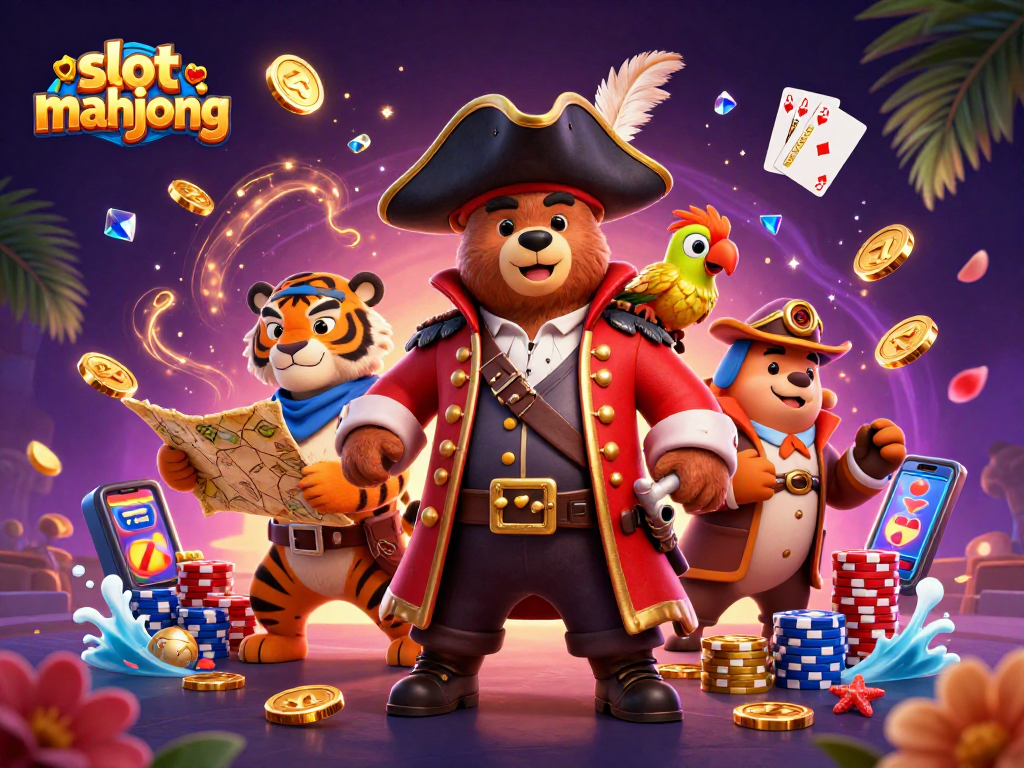 Experience the thrill of slot mahjong with captivating characters and dynamic casino elements in this vibrant illustration.