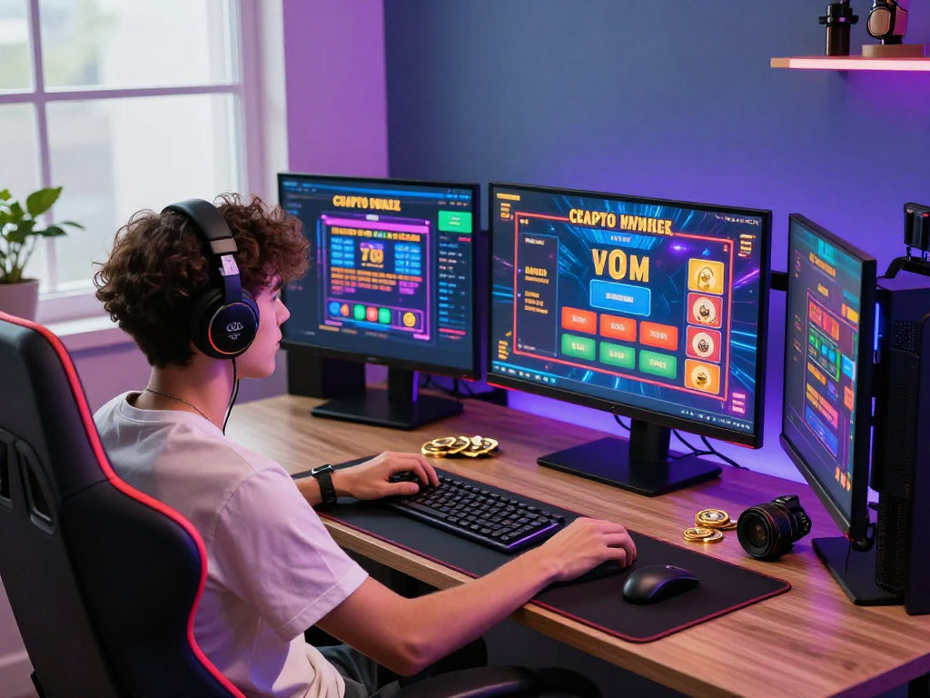 Engaging scene of a young adult playing crypto casino games on multiple screens, showcasing vibrant gameplay and crypto accessories.