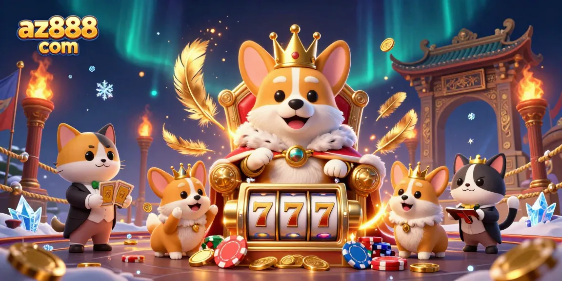Engage in strategic play at az888 com with a royal corgi surrounded by vibrant casino elements.