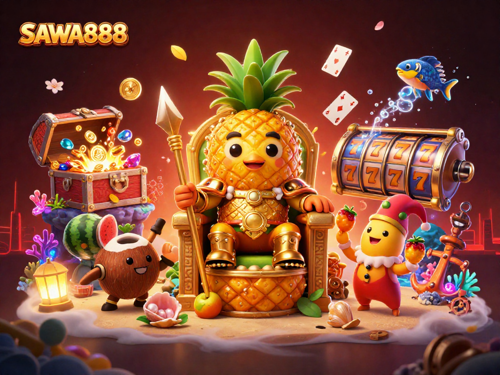 Experience fun with SAWA888 as the golden pineapple king oversees lively slot reels bursting with coins.