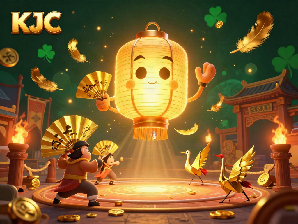 KJC showcases an enthralling casino scene with golden lantern spirit, lucky symbols, and dynamic gaming elements.