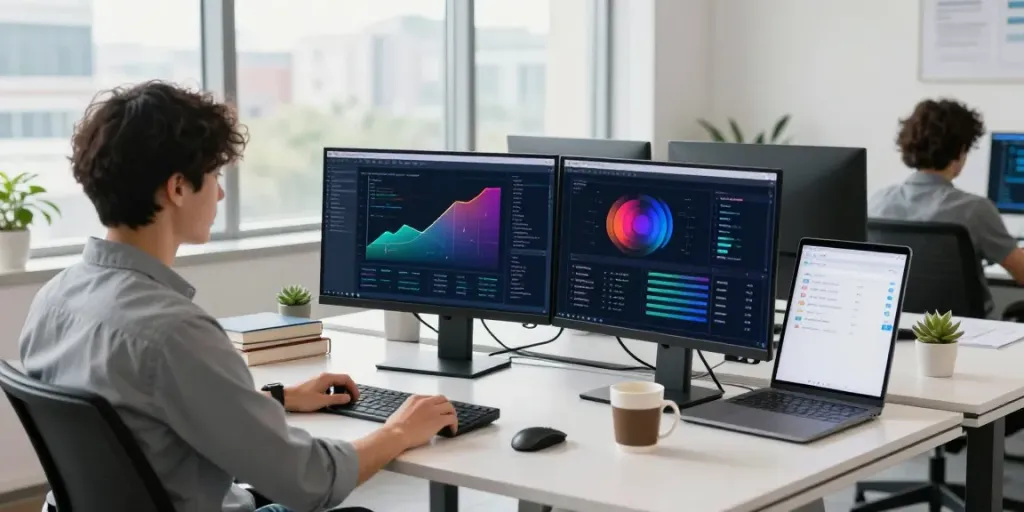 Developer analyzing instant indexing tools at a modern tech workspace.