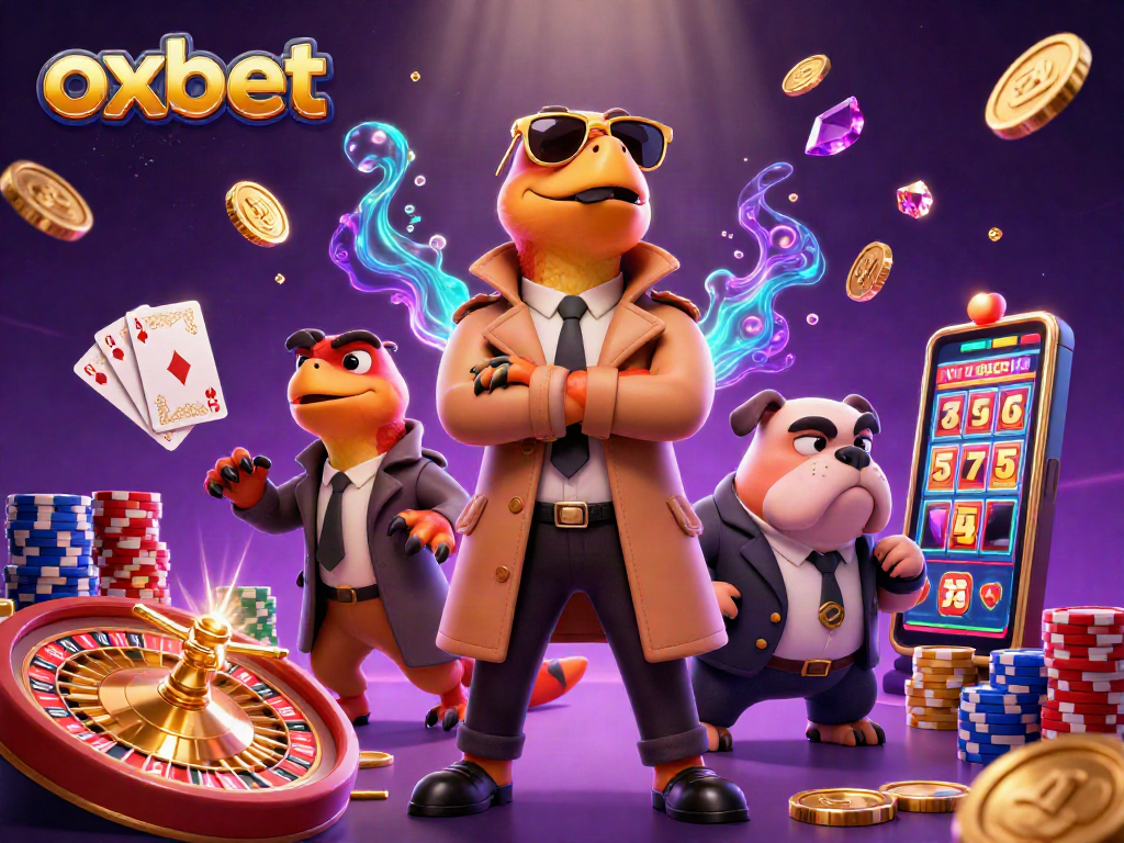 Experience oxbet action with raptors in a trench coat at a colorful casino scene