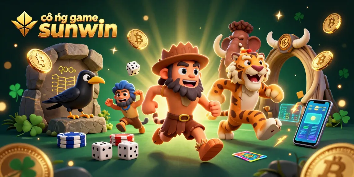 Engage with cổng game sunwin as a lively casino scene featuring a caveman and companions surrounded by vibrant gaming elements.