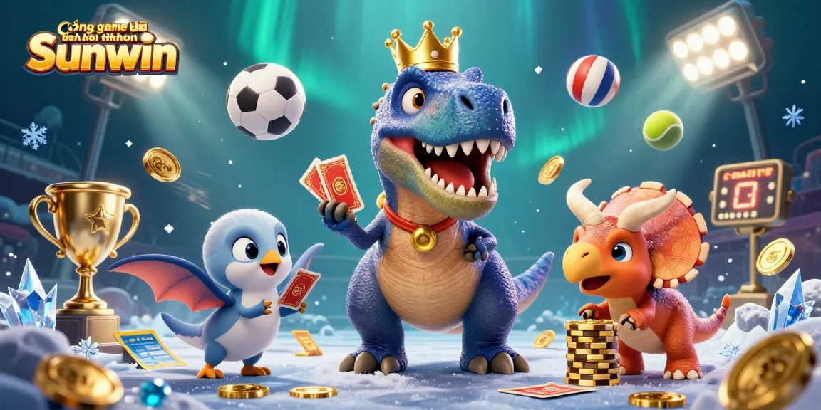 Cổng game bài đổi thưởng Sunwin showcases a T-Rex shuffling cards while a pterodactyl assists, amidst vibrant game elements.