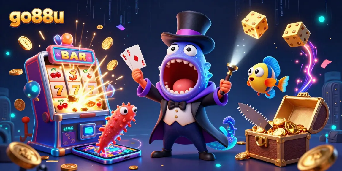 Go88u features a magic-themed illustration of underwater creatures performing gambling tricks amidst a vibrant casino scene.
