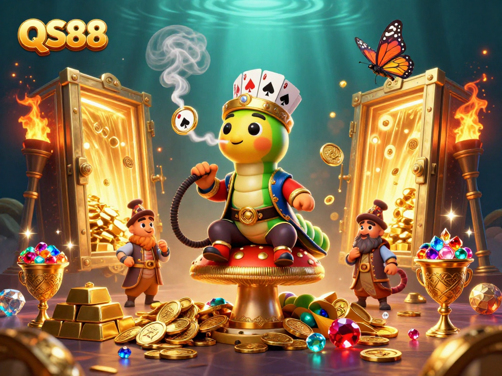 Experience the thrill of QS88 with a vibrant 3D casino scene featuring a whimsical caterpillar and treasure elements.