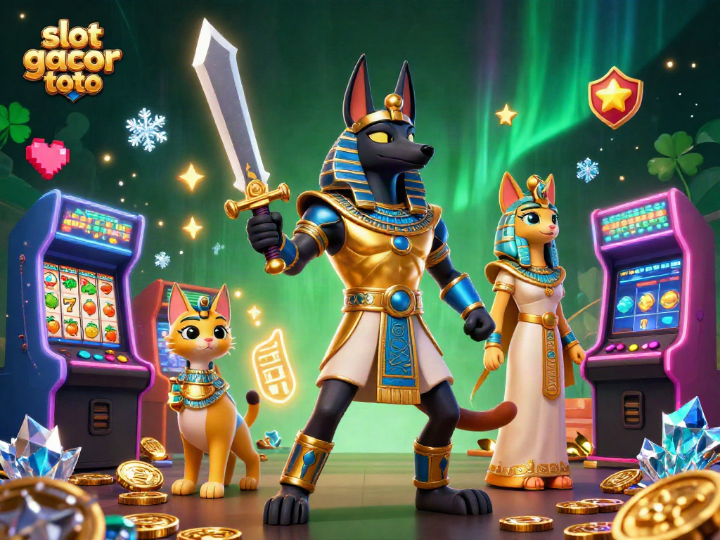 Spin the reels of slot gacor toto in a vibrant 3D scene with ancient Egyptian warriors and arcade games.