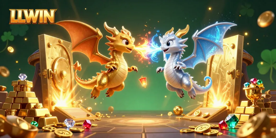 Win big with LLWIN: Dynamic 3D illustration of dragons, treasure, and casino elements.