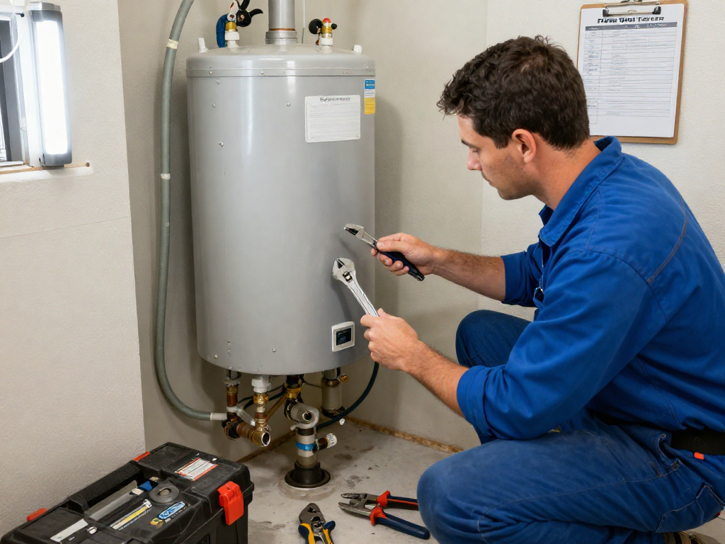 Professional plumber conducting water heater repair Fort Worth in a well-lit utility room.