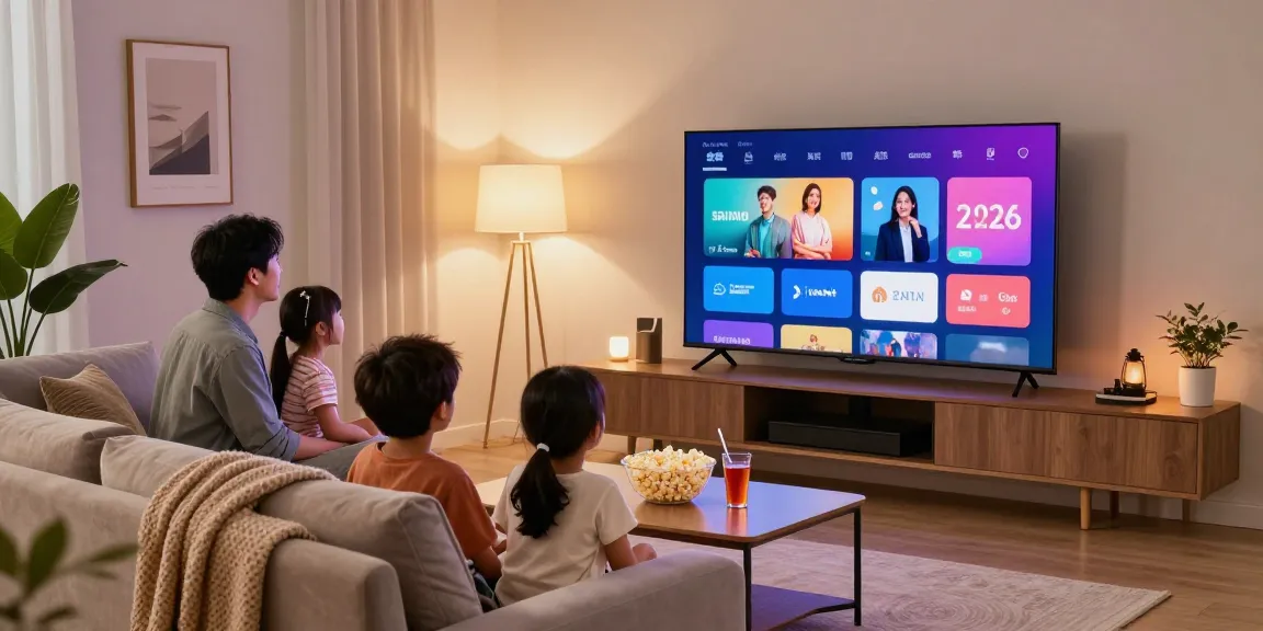 Family enjoying movie night with a smart TV 2026 in a cozy living room.