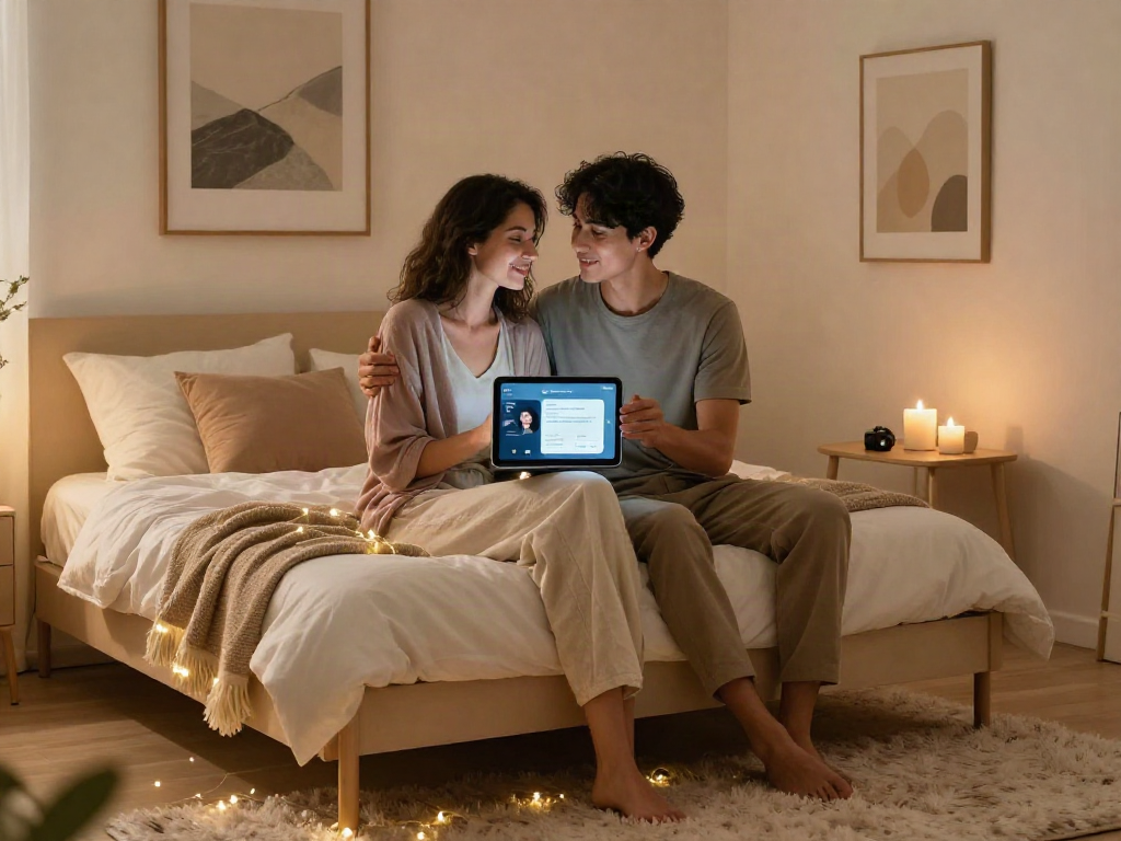 Couple exploring sex AI technology in a modern bedroom for relationship enhancement.