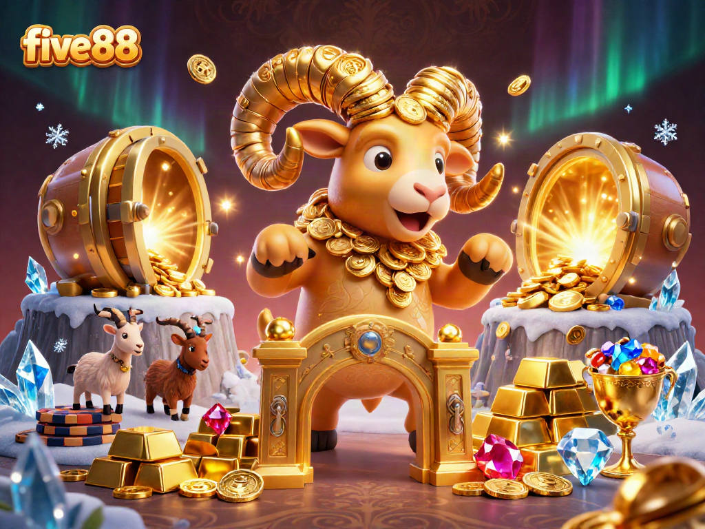 Experience the excitement of five88 with a golden ram charging through a sparkling casino landscape.