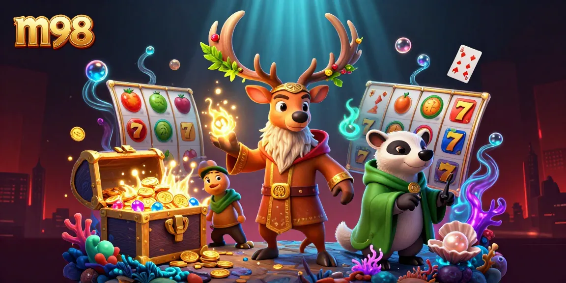 Experience m98 slot action with vibrant 3D characters celebrating big wins and thrilling gameplay.