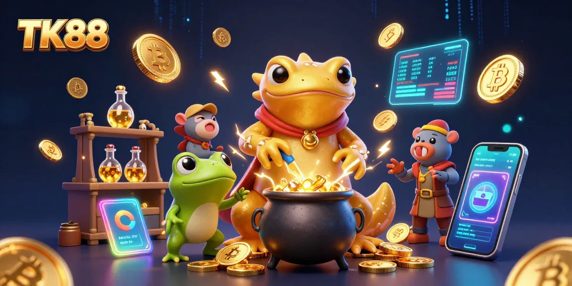 Experience the magic of TK88 with a vibrant 3D illustration of gold coin alchemy.
