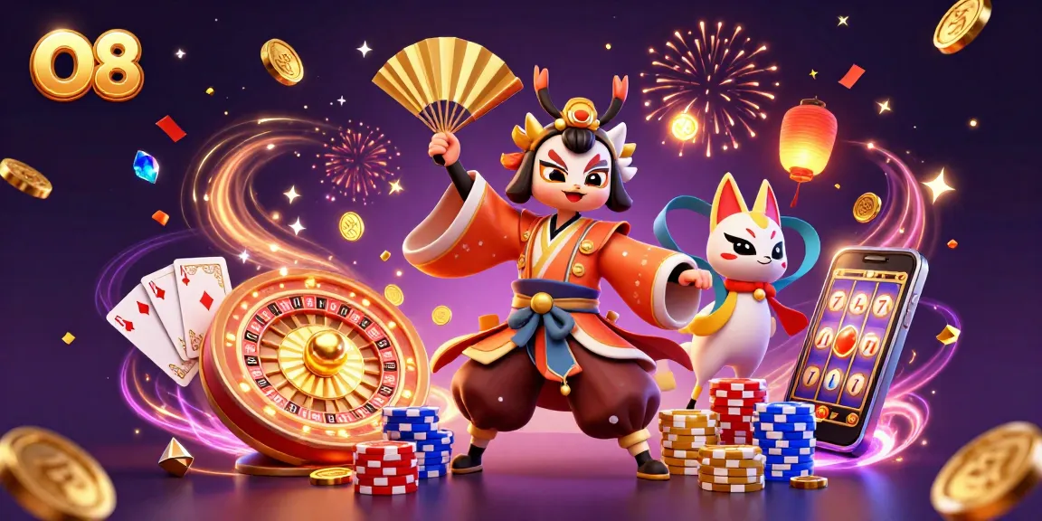 O8's kabuki warrior captivates players in a vibrant casino scene filled with coins and games.