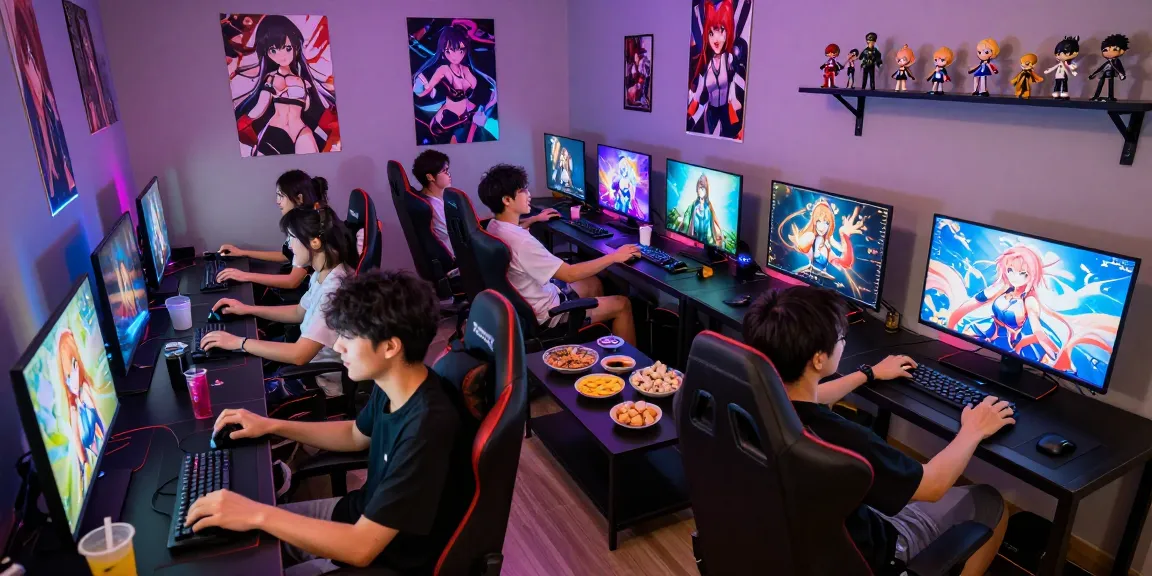 Enjoying engaging hentai games in a vibrant gaming lounge with friends.